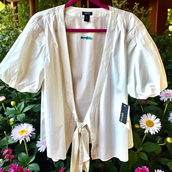 Kenneth Cole Reaction White Top Tie Sash Puffy Sleeve Womens 14 NEW - Picture 4 of 14